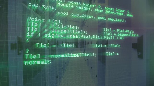 green code overlay appearing and scrolling upward revealing HTTP loop intersection logic over hall