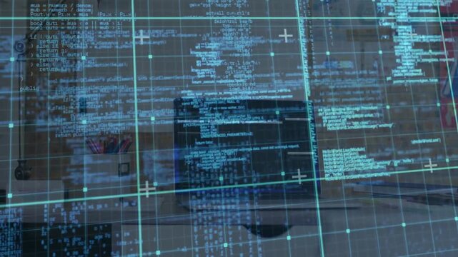 Closed laptop resting on desk launching holographic grid generating code streams for data mapping - Powered by Adobe