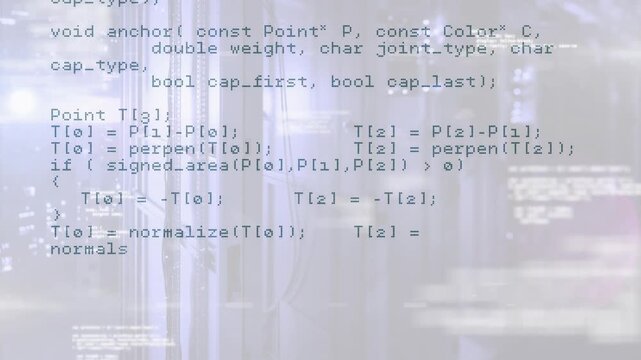At start, C++ code overlay scrolling over server racks, revealing HTTP request geometry routines