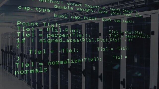 After one second C++ code appearing and scrolling upward over racks, visualizing intersection logic