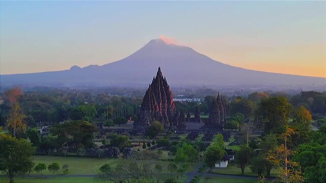 Prambanan Temple with Mount Merapi at Sunrise