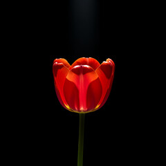 Single red tulip backlit against black background flower