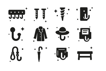Fototapeta premium Entryway Wall Hooks Icons. Entryway wall hooks. Solid icons set of Entryway wall hooks: hook rack, mounting screws, drywall anchor, wooden backplate, metal