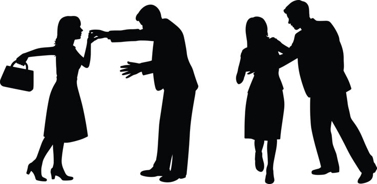 Silhouette illustration of conflict, man restraining woman, personal boundaries, harassment awareness, gender violence concept, social issue, relationship struggle, black background