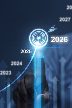2025 to 2026 business financial plan market concept, performance of profit growth on 2026, education trend up finance on growth graph money revenue, Businessman analyzes profitability of working