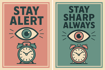Retro Alert Banners. Stay alert. Two vertical A6 banners with safe margins, centered composition, no elements touching edges, retro, pink and teal, objects