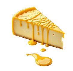 Slice of cheesecake with drizzles of golden sauce on a black background