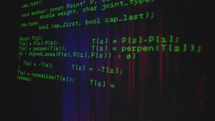 Startup-triggered code scrolling revealing C++ calls and geometry functions for response handling