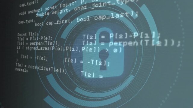 Opening UI showing scrolling C++ HTTP code fading circle behind rotating padlock securing data