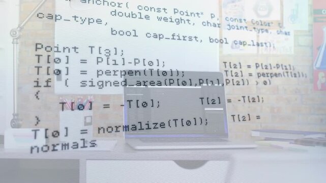 Closed laptop shot starting overlay scrolling through C++ HTTP and vector math handling response