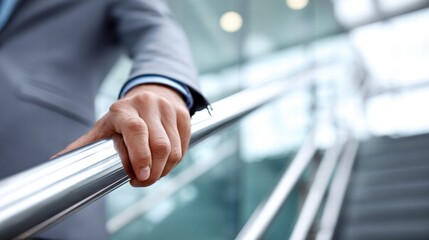 A close-up shows a businessman's hand resting on a shiny railing in a modern building.