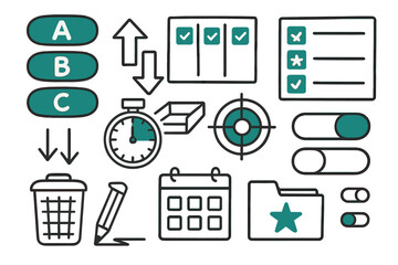 Task Prioritization Doodle. // Task prioritization. Hand-drawn doodle illustration Task prioritization [A/B/C labels (accented), kanban board (accented),