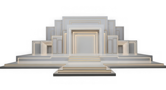 Art deco style monument with illuminated entrance isolated on transparent background
