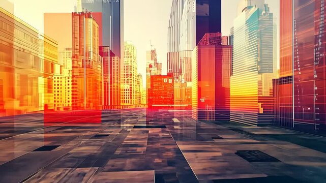 City skyline transformed by vibrant colors during sunset with dramatic light reflections on glass buildings and streets creating a surreal atmosphere in urban life