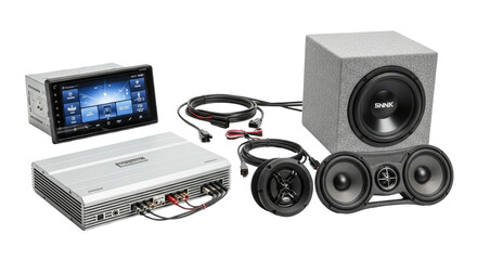Assortment of car audio components set against a black backdrop