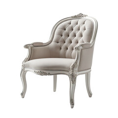 Ornate, plush, ivory-toned armchair with carved silver detailing, isolated