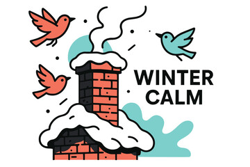 Winter Brick Serenity. Old Brick Chimney. Weathered bricks peek through soft snow layers; snowbirds flutter around as smoke gently rises. ?Winter Calm? floats