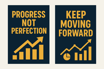 Progress Banners. Progress not perfection. Two vertical A6 banners with safe margins, centered composition, no elements touching edges, bold, navy and gold,