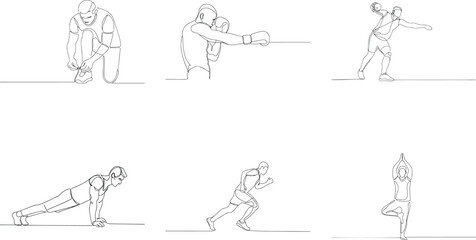 Collection of One Line Art Drawings of Athletes in Various Activities Fitness and Wellness Graphic Design Element