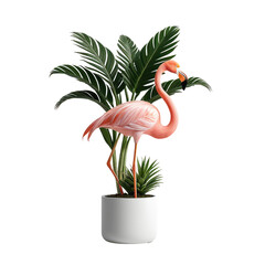 A plastic pink flamingo stands in a white pot with tropical foliage