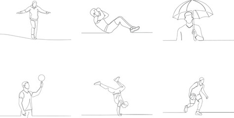 Continuous Line Drawing of Diverse Activities Including Balancing Crunches Umbrella Protection Basketball Breakdancing and more