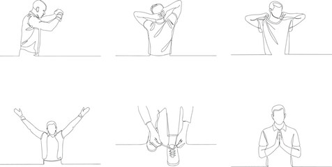 Continuous line drawings showing various human actions and expressions depicting stretching tying shoes celebrating and praying in minimalist style