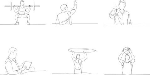 Diverse Set of Single Line Art Drawings of People in Various Activities Sports Business and Leisure Lifestyle Concepts