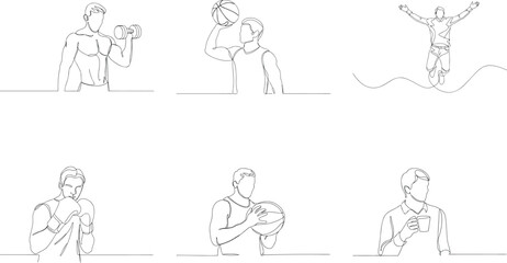 Set of Continuous Line Drawings Illustrating Various Activities and Professions Promoting Healthy Lifestyle and Positive Actions with Minimalism