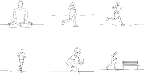 Continuous Line Drawing Collection Illustrating Active and Meditative Lifestyles Health and Wellness Concepts with Runners and Meditation