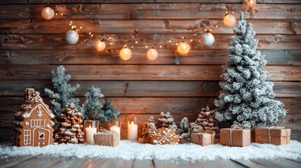 Christmas scene with gingerbread house, tree, and gifts.