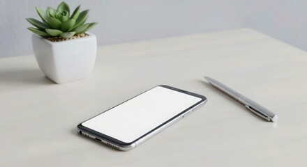 a smartphone with a blank white screen, succulent plant in a small white ceramic pot, pen or stylus, white desk surface, minimalist office desk setup, clean and modern design
