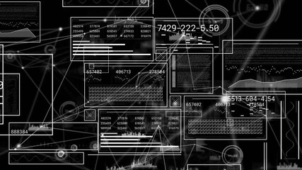 Glowing network nodes emerging launching data panels loading and sliding, illustrating data update