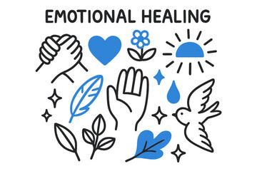 Obraz premium Healing Symbols Doodle. // Emotional healing. Hand-drawn doodle illustration Emotional healing [hands clasped (accented), heart (accented), flower sprout
