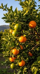 Lush citrus orchard displays vibrant oranges and limes on a sunny day.