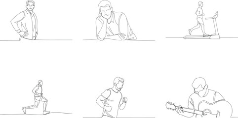 Collection of single line drawings showcasing various activities and expressions of men lifestyle and active fitness motivation
