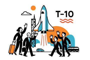 Futuristic Rocket Launchpad. Suborbital Launch Pad. Passengers in sleek suits wave as the rocketplane hums; countdown digits ?T?? float beside rippling exhaust