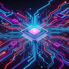 A detailed, vibrant illustration of a central processing unit (CPU) nestled within a complex network of circuit pathways.