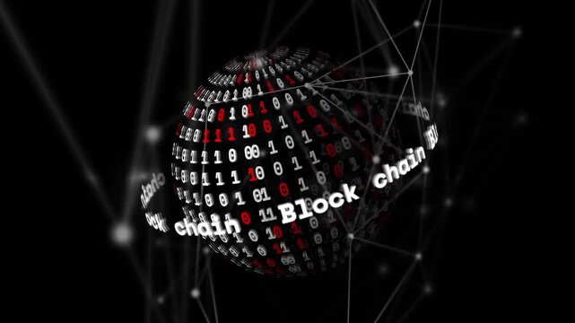Opening on dark grid, binary globe spinning, orbiting Block chain text ring visualizing network