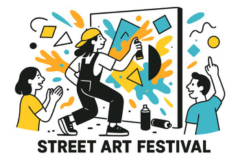 Obraz premium Vibrant Mural Creation. Street Art Festivals. Artist spray-painting a colorful mural on a wall with floating abstract geometric shapes and vibrant paint