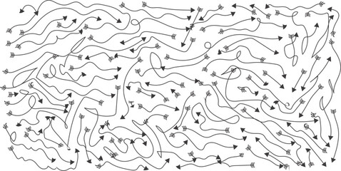 Crowd of curved arrow signs pointing in different directions on white background