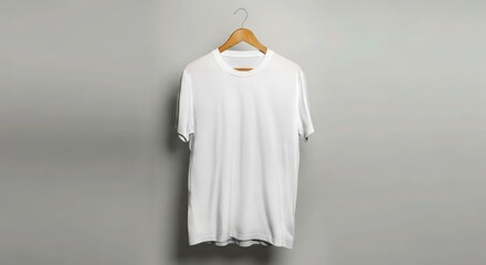 a clean, crisp, high-quality photograph of a white t-shirt hanging on a wooden hanger, plain, minimalist, well-lit, studio lighting, seamless background, product photography, detailed textures
