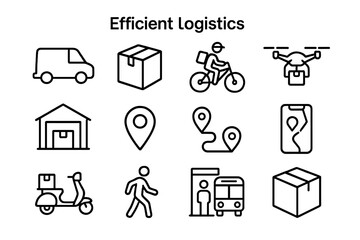 Efficient Logistics Icons. Efficient logistics. Line icon set of efficient logistics: delivery van, package, bicycle courier, drone, warehouse, map marker,