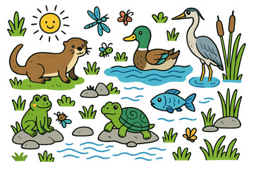 Naklejka premium River Wildlife Doodle. River wildlife. Colorful Hand-drawn doodle Children illustration River wildlife otter, duck, frog, turtle, fish, heron, reeds, insects,