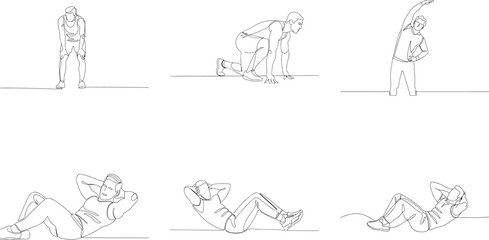 Fitness and exercise routine one line drawing for health and wellness concept showing people exercising stretching and working on abs for wellbeing