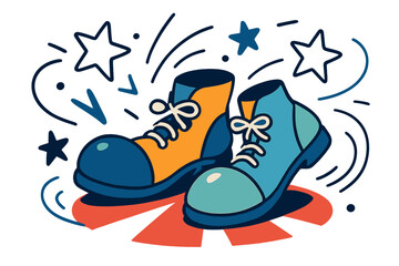 Playful Clown Shoes. Clown shoes. Colorful clown shoes on circus floor with abstract floating stars and motion lines; conveys festive humor, playfulness, and