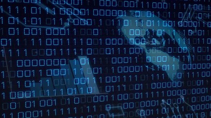 Binary cascade showing hoodie figure typing laptop, causing globe rotating for cyber visualization - Powered by Adobe