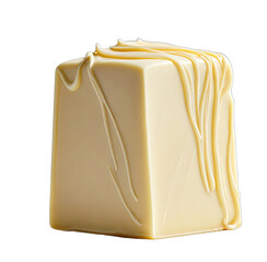 Close-up of a square confection, creamy white, with decorative drizzles