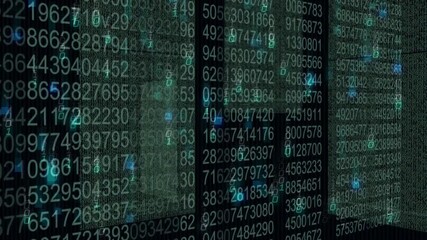 On start translucent panels drifting displaying cascading green-blue digits forming data grid - Powered by Adobe