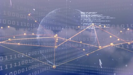 Upon starting, dotted wireframe globe rotating left while golden nodes shifting, showing data flow - Powered by Adobe
