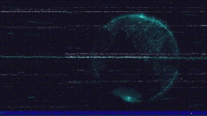 Static glitch initiating, turquoise waveform rising, points forming rotating globe for data display - Powered by Adobe